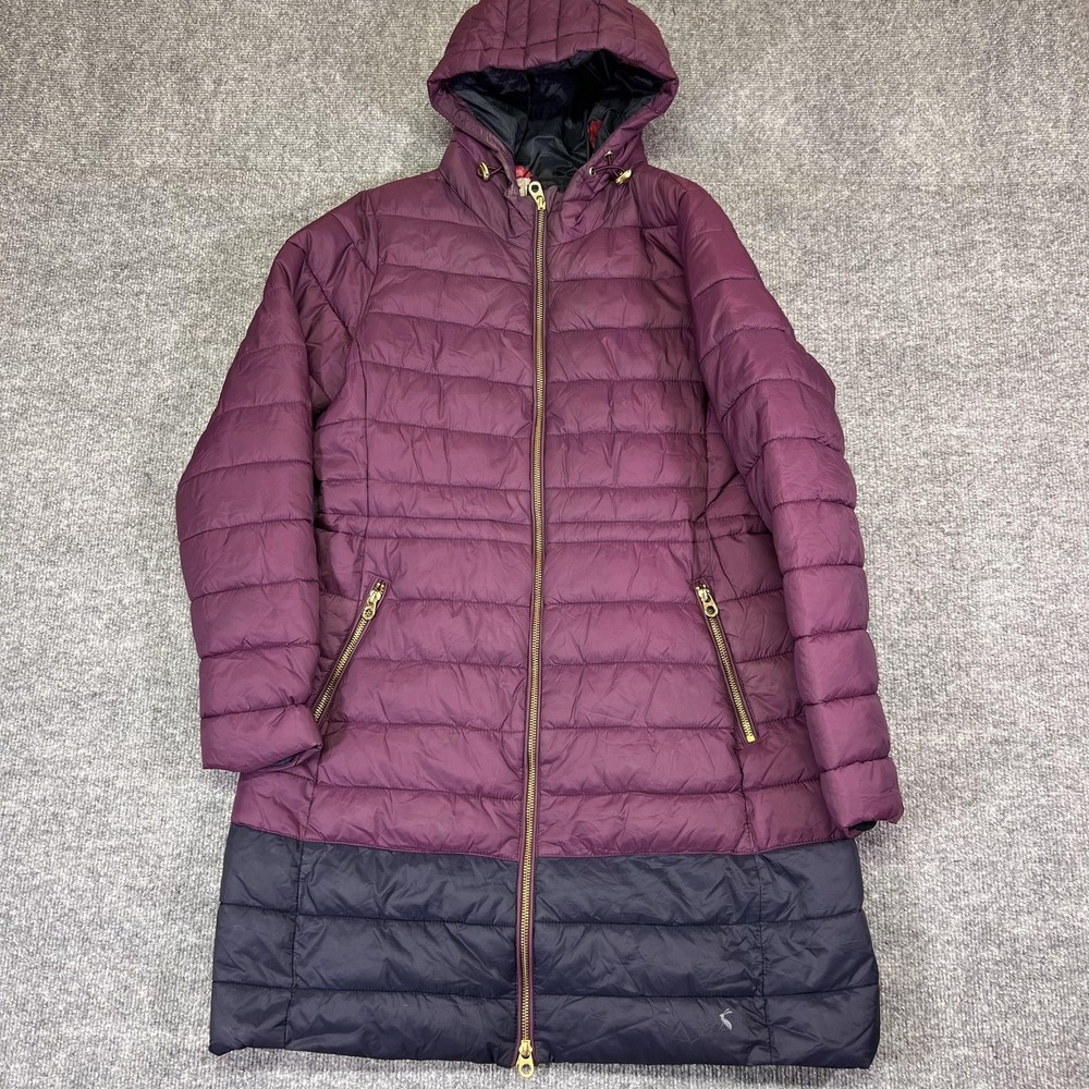Joules Coat Womens 6 Purple Puffer Hooded Insulated Floral Lined Zip Pockets